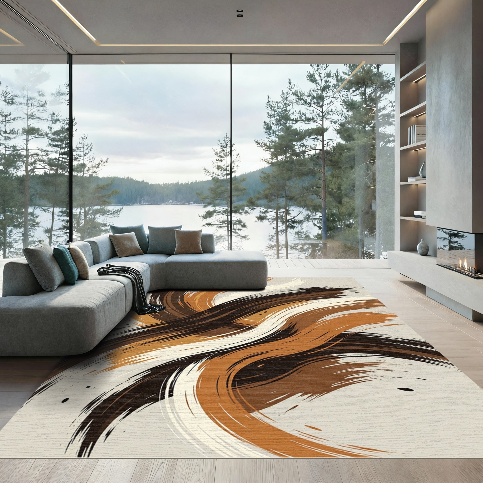 Earthy Brown Swirl Brush Stroke Rug