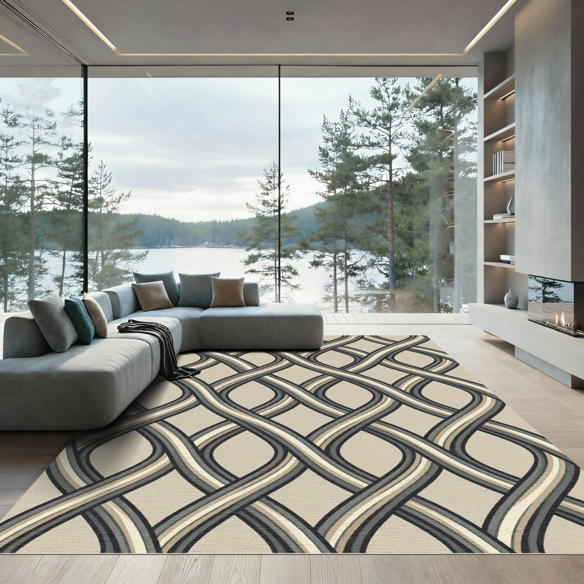 Modern Taupe Interlocking Geometric Wavy Weave Rug