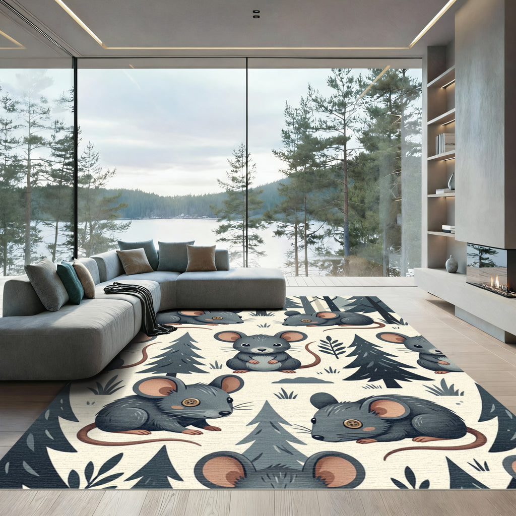 Whimsical Forest Mouse Cream Woodland Rug