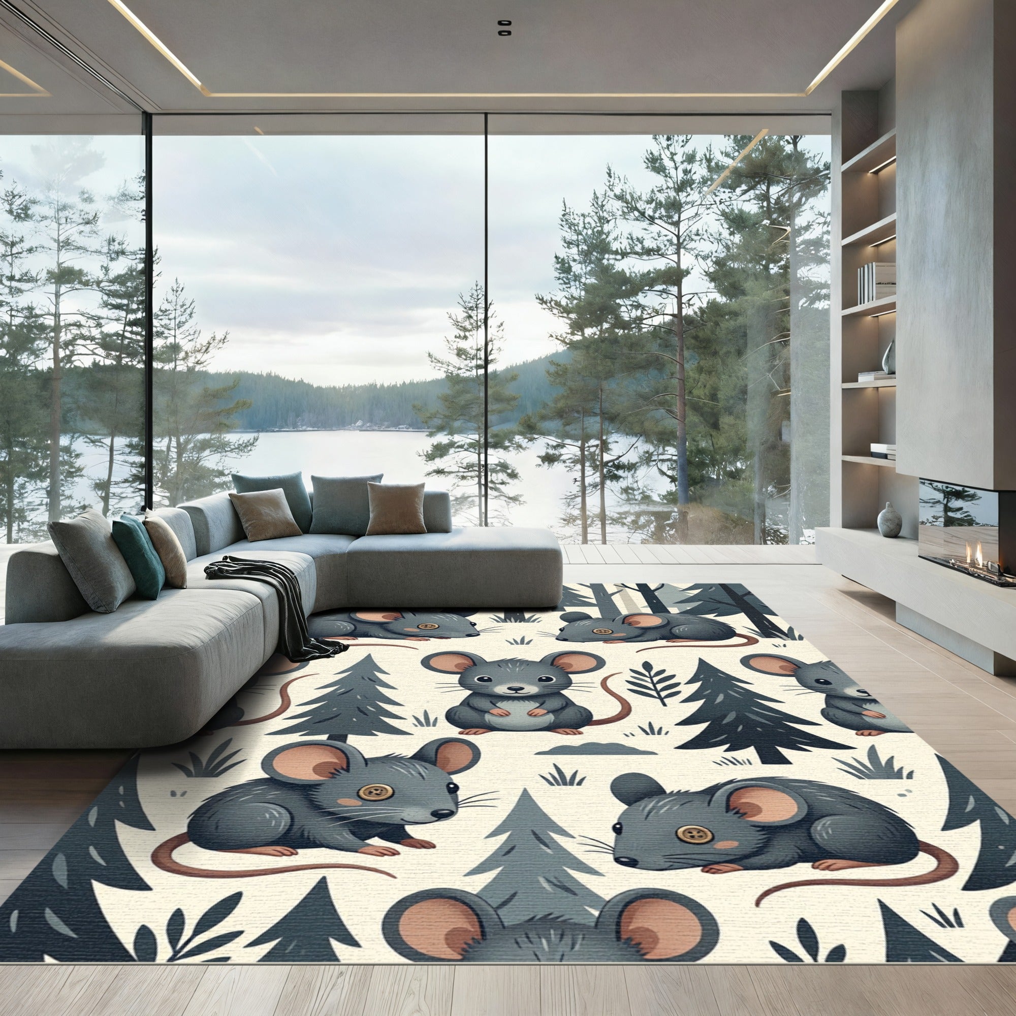 Whimsical Forest Mouse Cream Woodland Rug