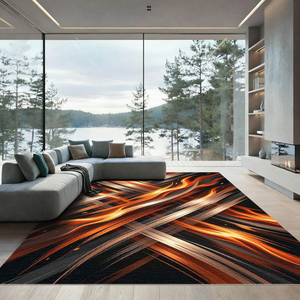 Fiery Orange Abstract Crossed Flame Rug