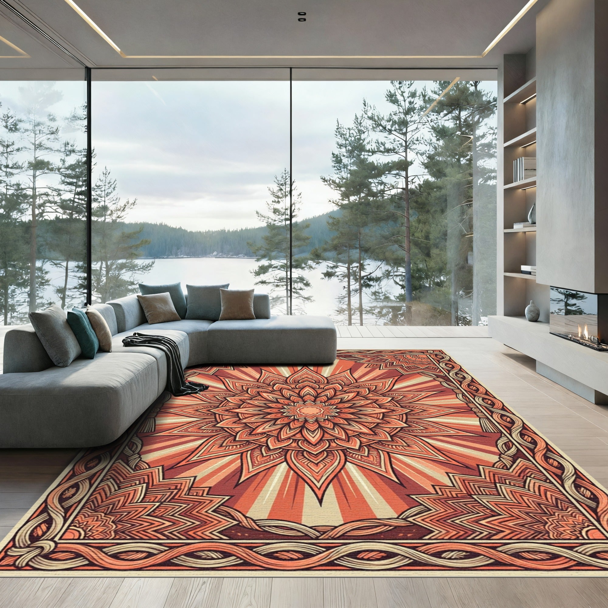 Radiant Terracotta Floral Mandala Medallion Rug