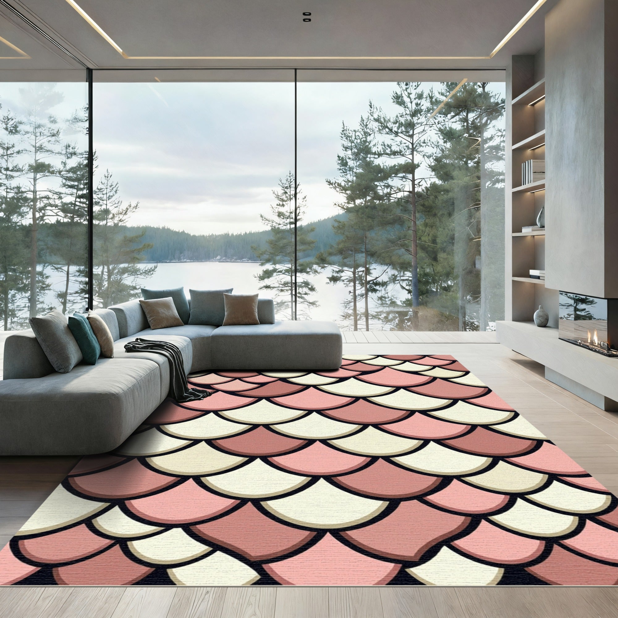 Blush Pink Cream Scalloped Fish Scale Rug
