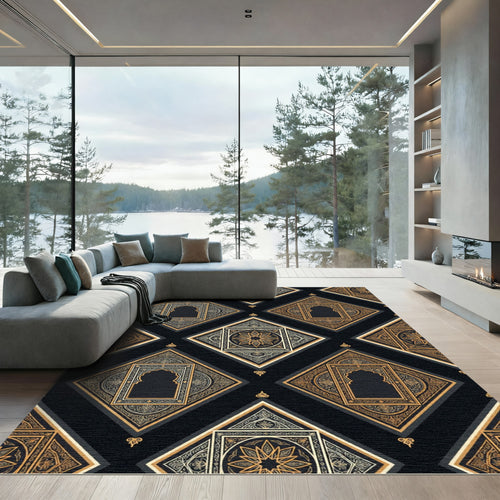 Black Gold Ornate Arch Medallion Diamonds Rug