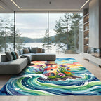 Whimsical Coastal Lighthouse Floral Watercolor Rug