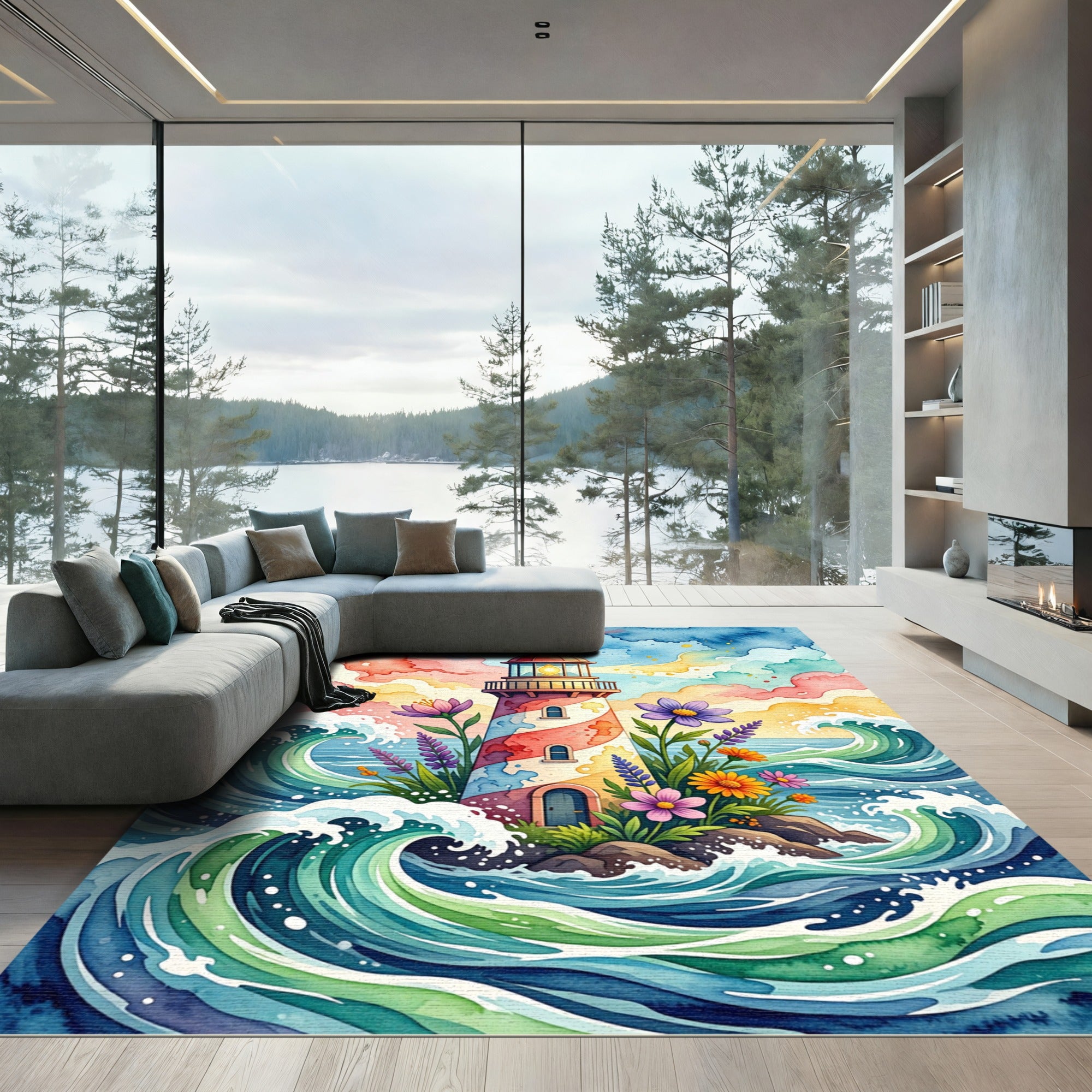 Whimsical Coastal Lighthouse Floral Watercolor Rug