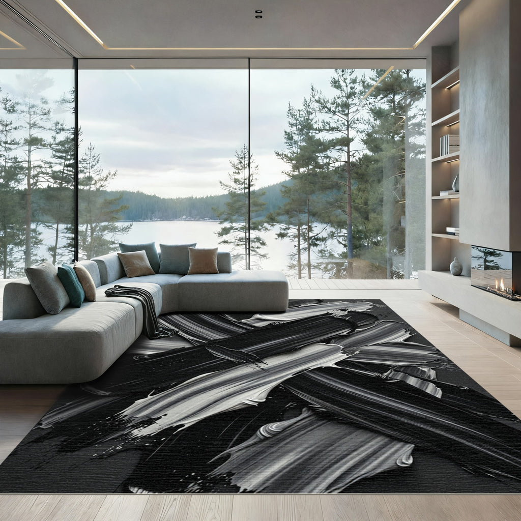 Monochromatic Abstract Brushstroke Art Rug