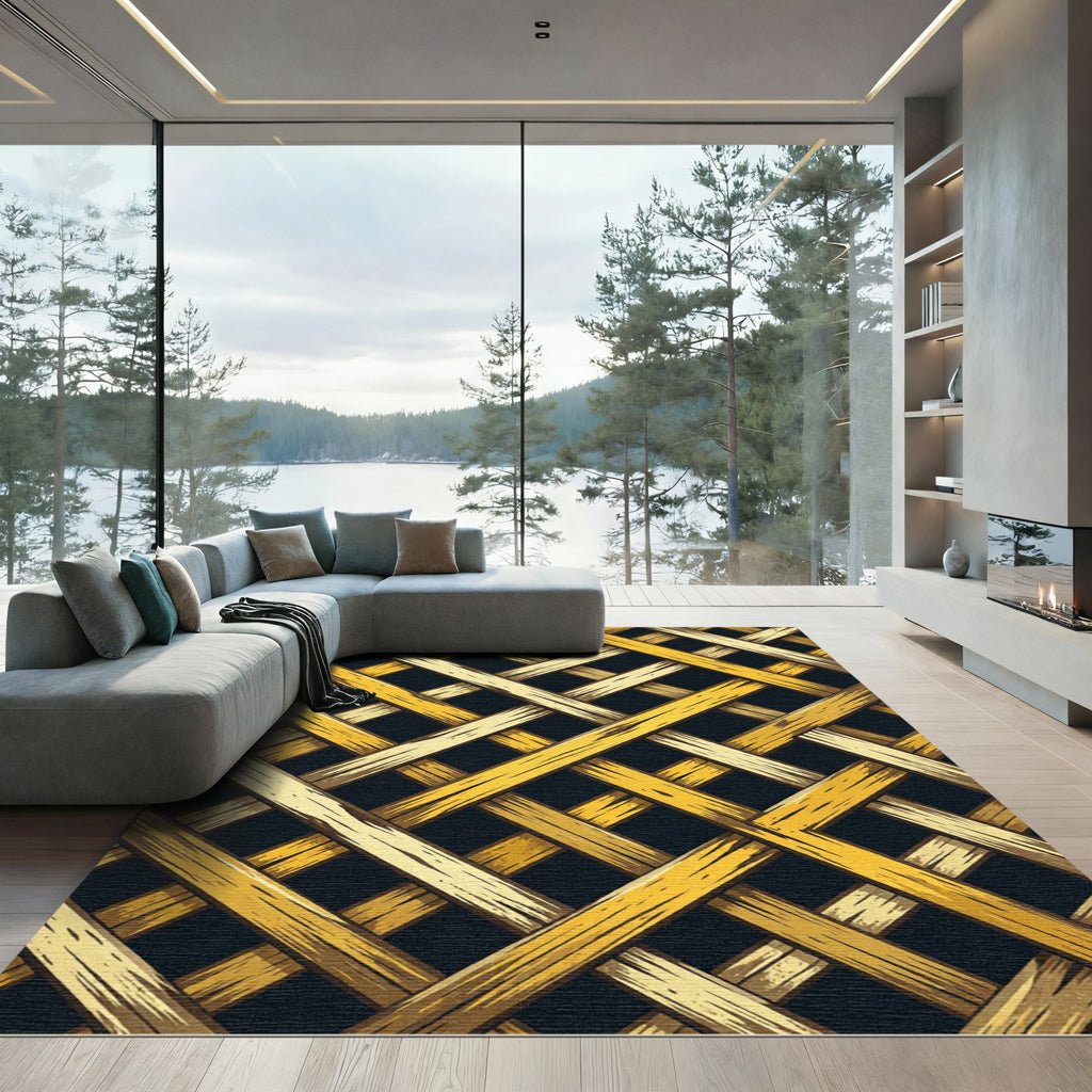Golden Lattice Interwoven Geometric Grid Rug