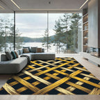 Golden Lattice Interwoven Geometric Grid Rug