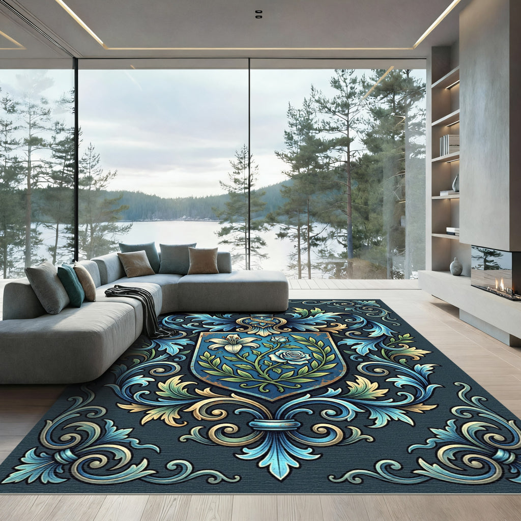 Blue Floral Heirloom Shield Scroll Rug