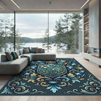 Blue Floral Heirloom Shield Scroll Rug