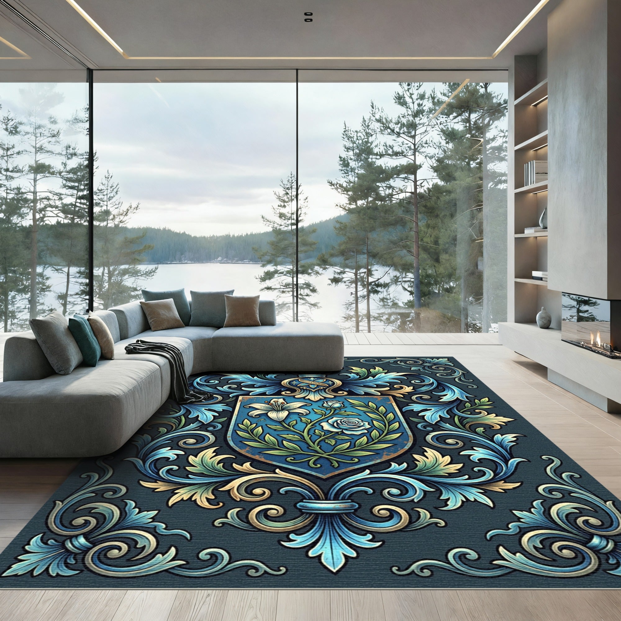 Blue Floral Heirloom Shield Scroll Rug