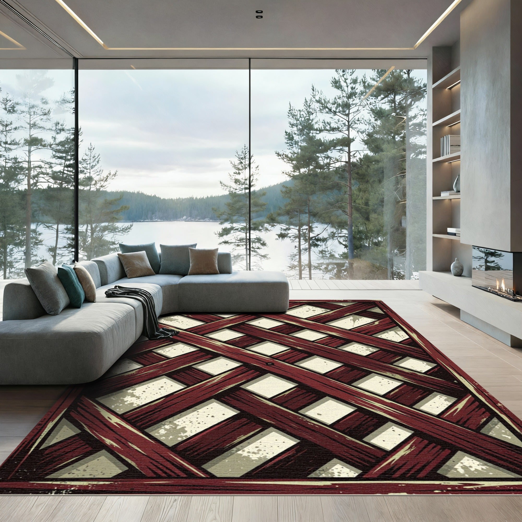 Rustic Crimson Lattice Geometric Grid Rug