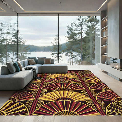 Art Deco Crimson Gold Fan Assemblage Rug