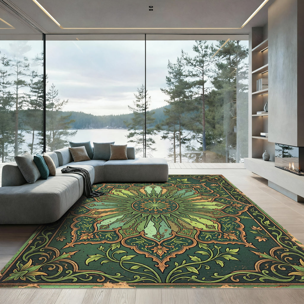 Emerald Sage Ornate Vintage Floral Medallion Rug