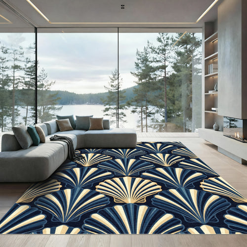 Art Deco Navy Shell Fan Rug