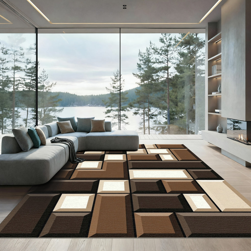 Modern Coffee Tones Geometric Block Rug