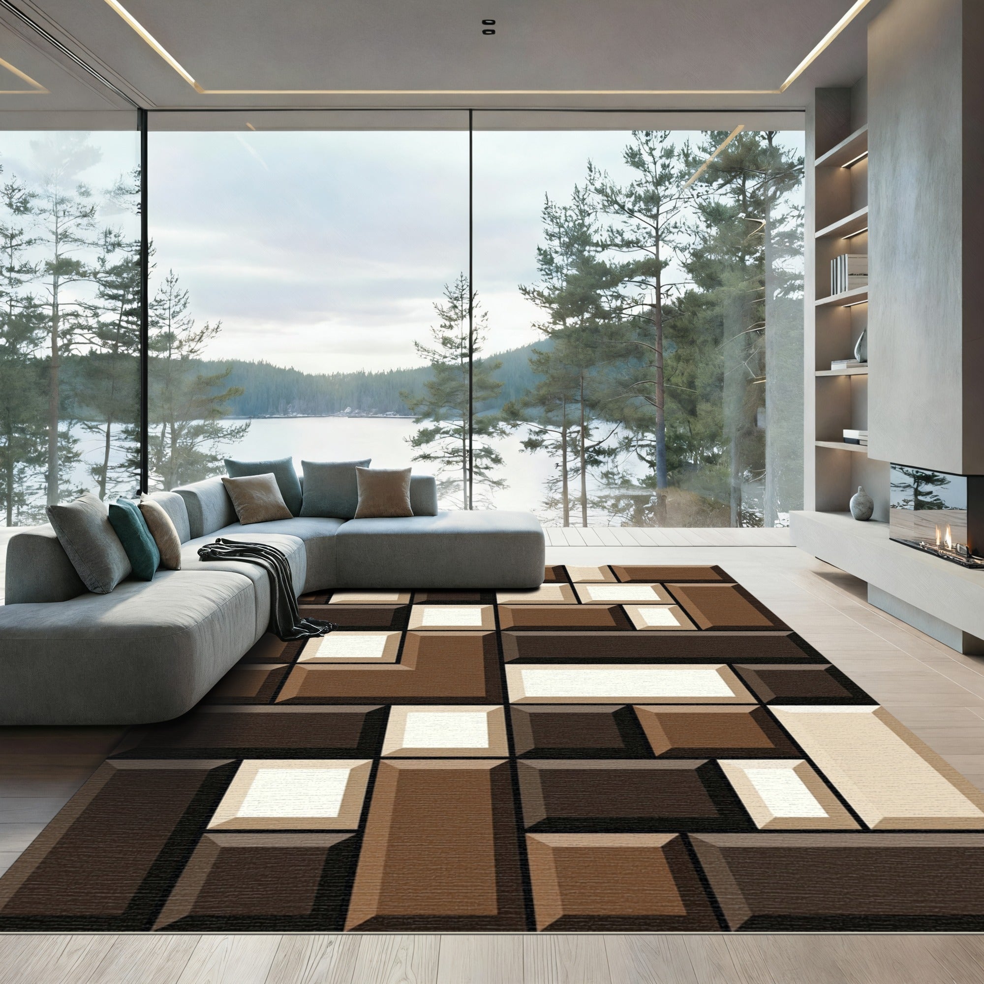 Modern Coffee Tones Geometric Block Rug