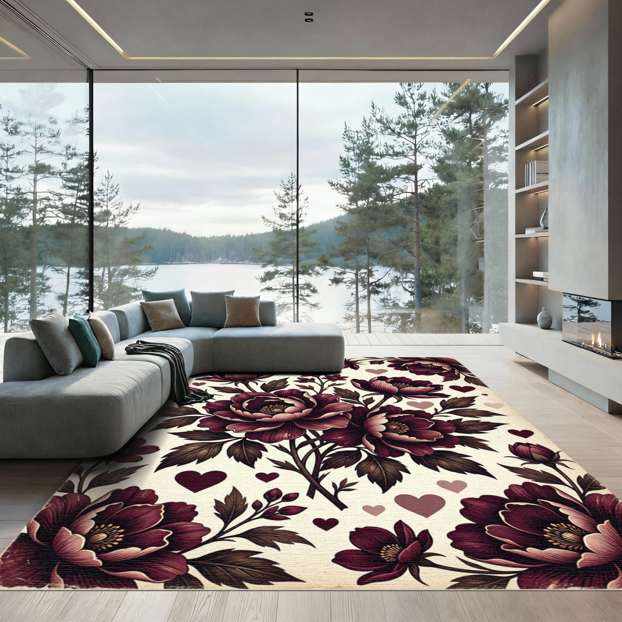 Dark Maroon Peony and Heart Bouquet Rug
