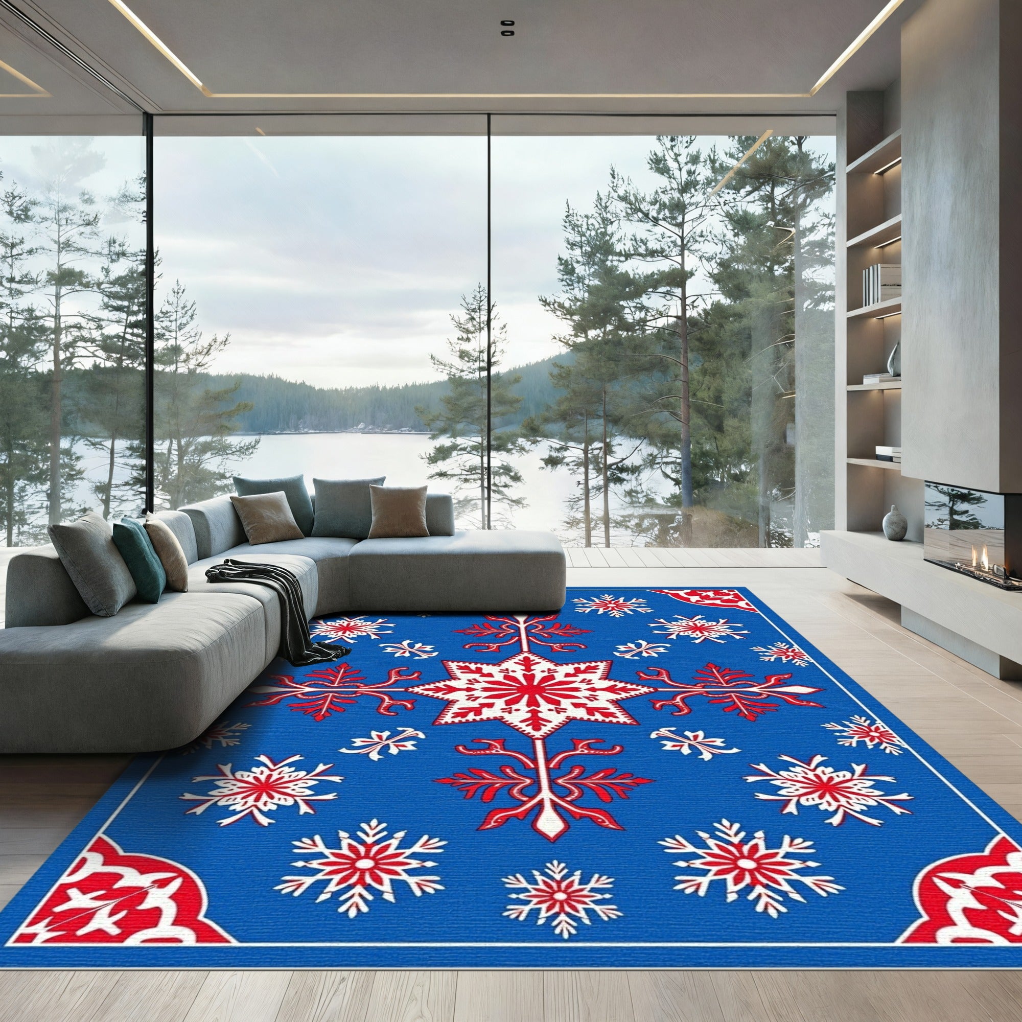 Blue Red Snowflake Medallion Rug