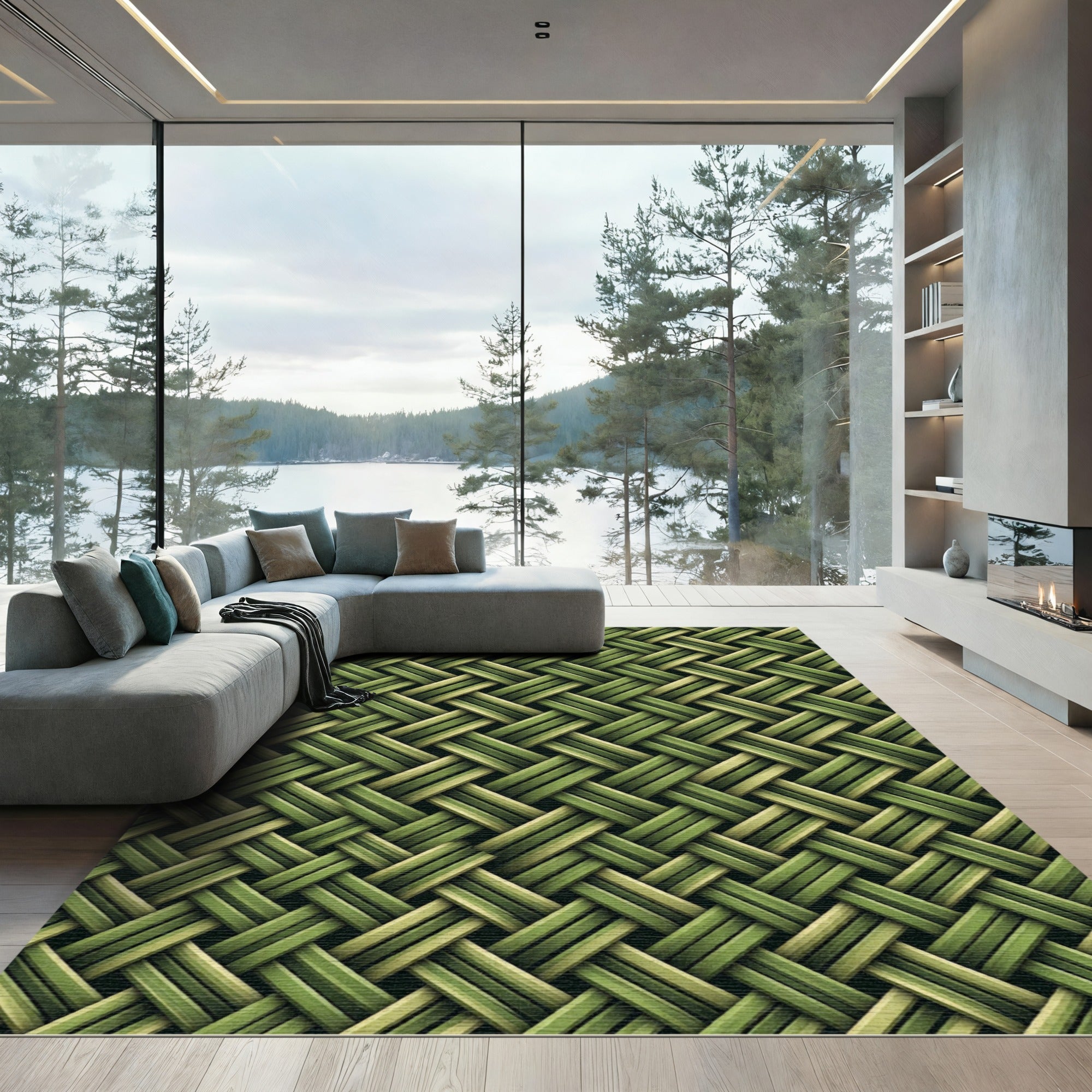 Olive Green Woven Basket Tweed Rug