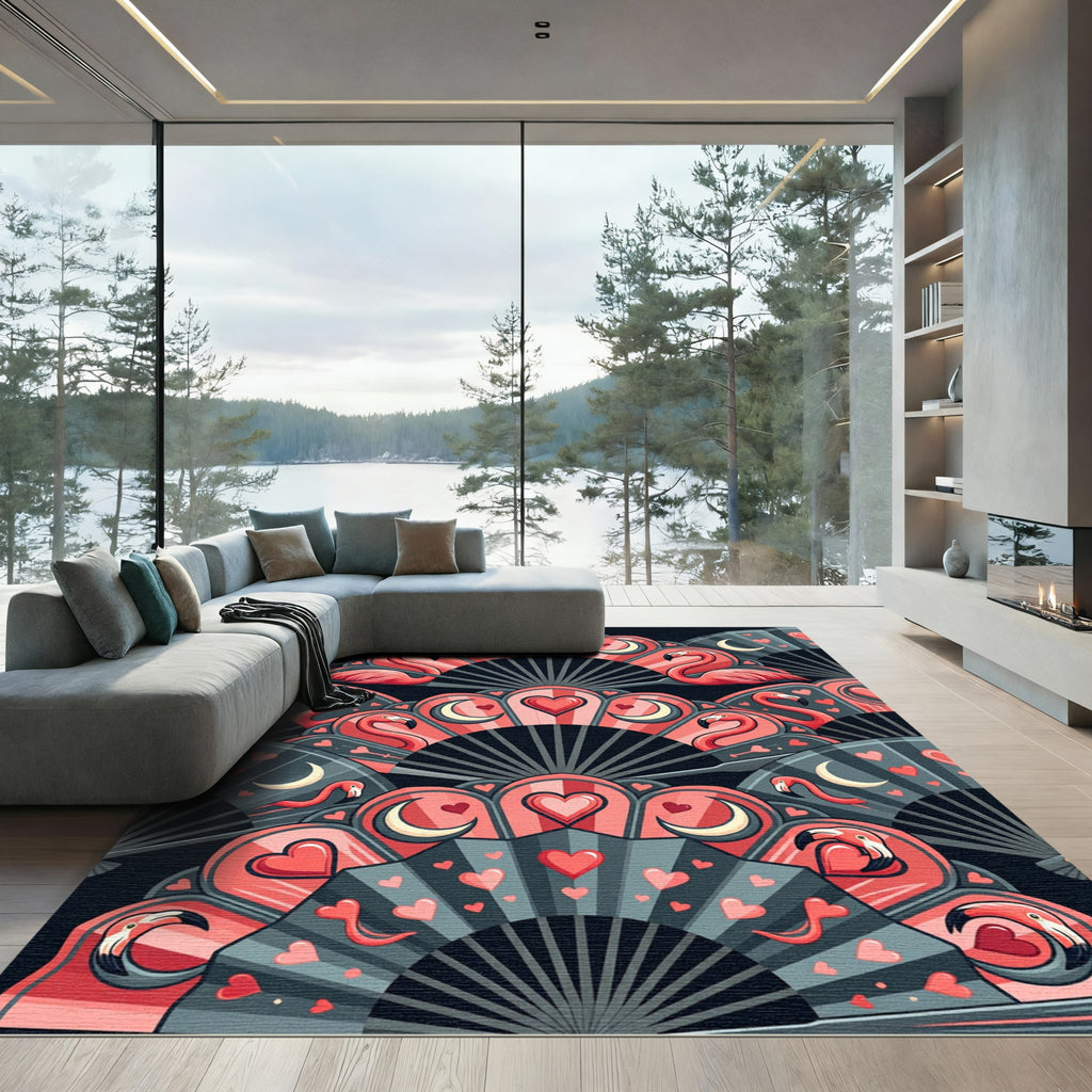 Coral Flamingo Hearts Moon Fans Rug