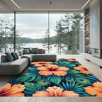 Orange Hibiscus Peacock Feather Tropical Floral Rug
