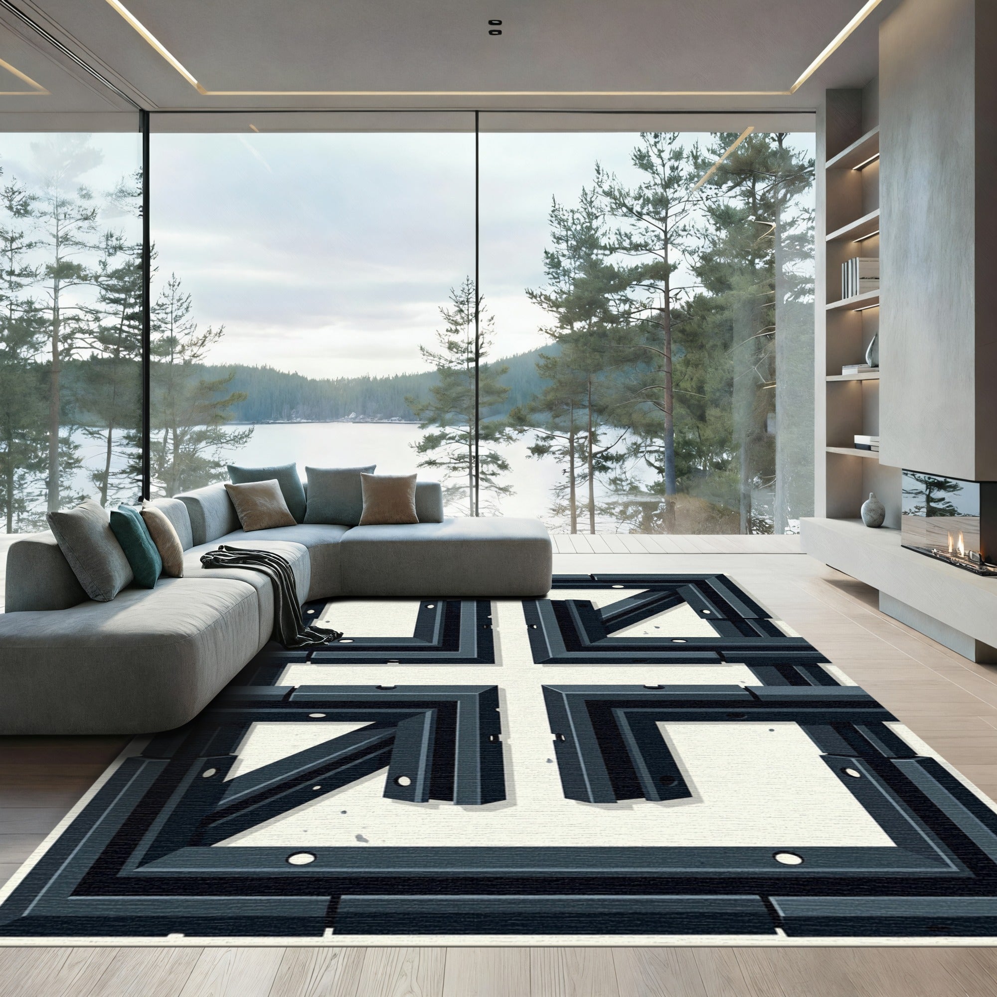 Dark Gray Cubic Maze Structure Rug