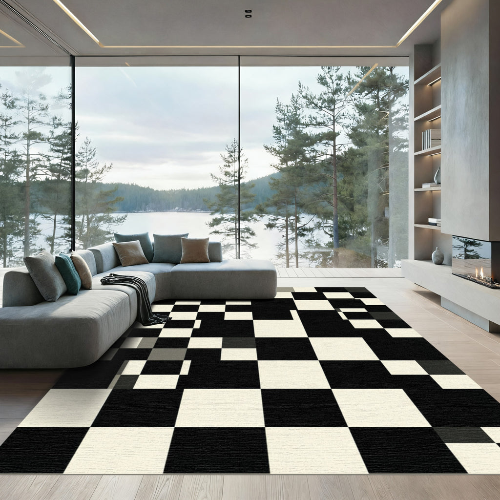 Minimalist Monochrome Oversized Checkerboard Square Grid Rug