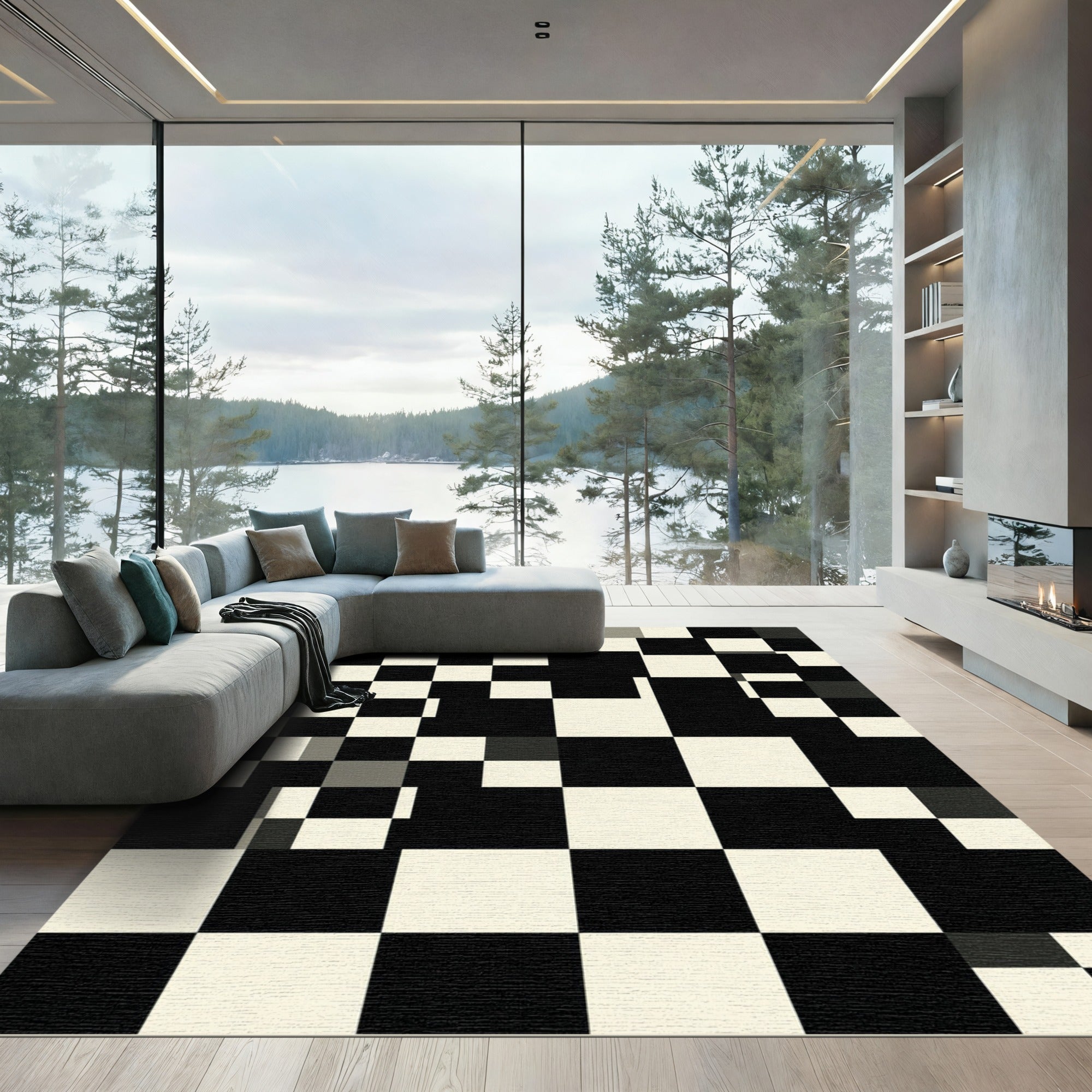 Minimalist Monochrome Oversized Checkerboard Square Grid Rug