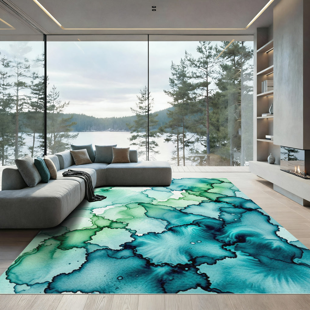 Ethereal Teal and Emerald Alcohol Ink Rug