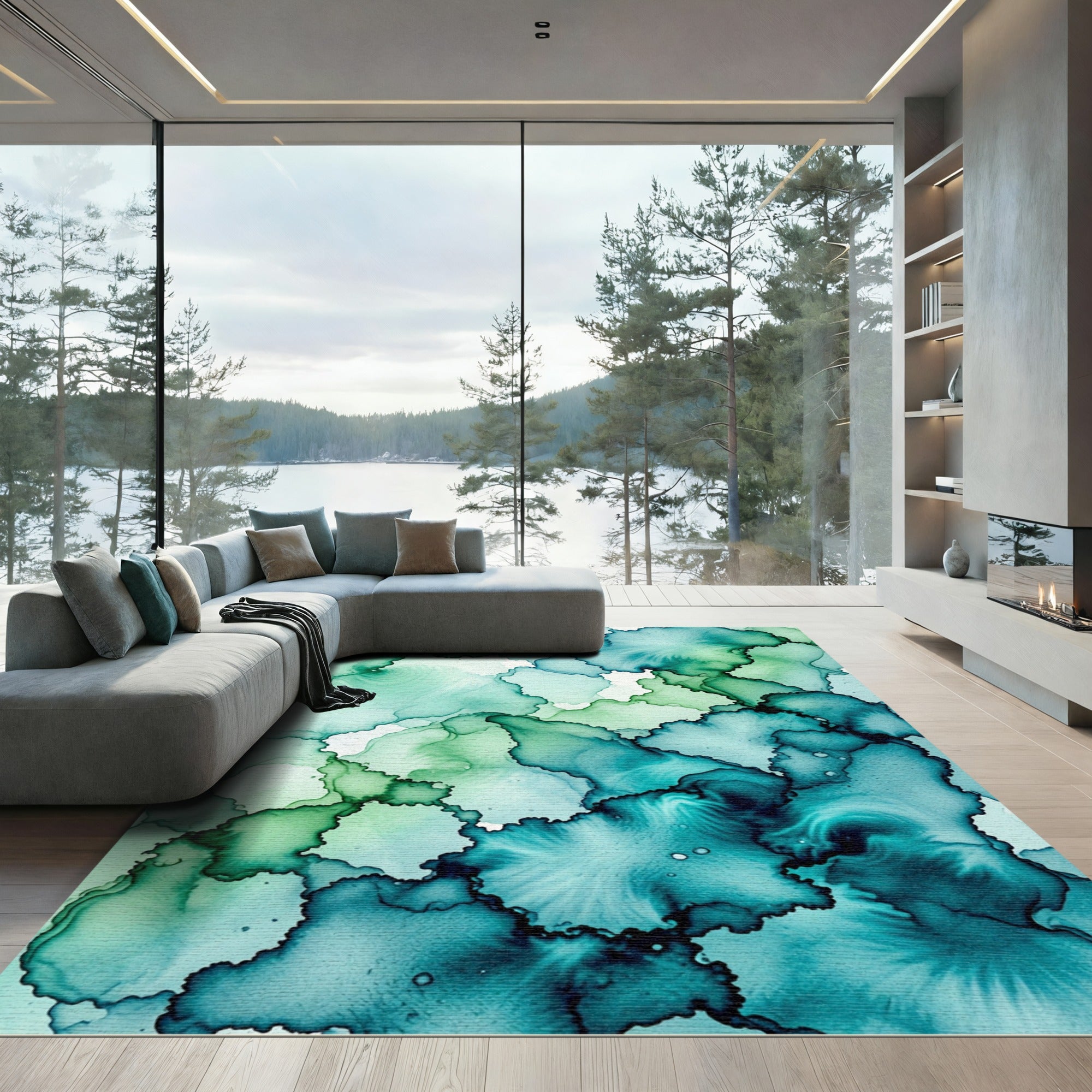 Ethereal Teal and Emerald Alcohol Ink Rug