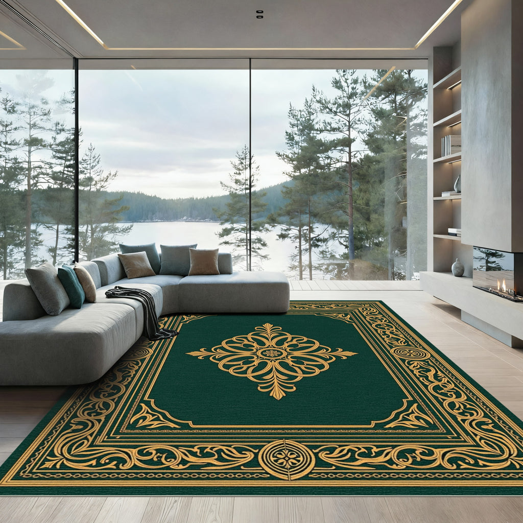 Dark Green Gold Frame Medallion Rug