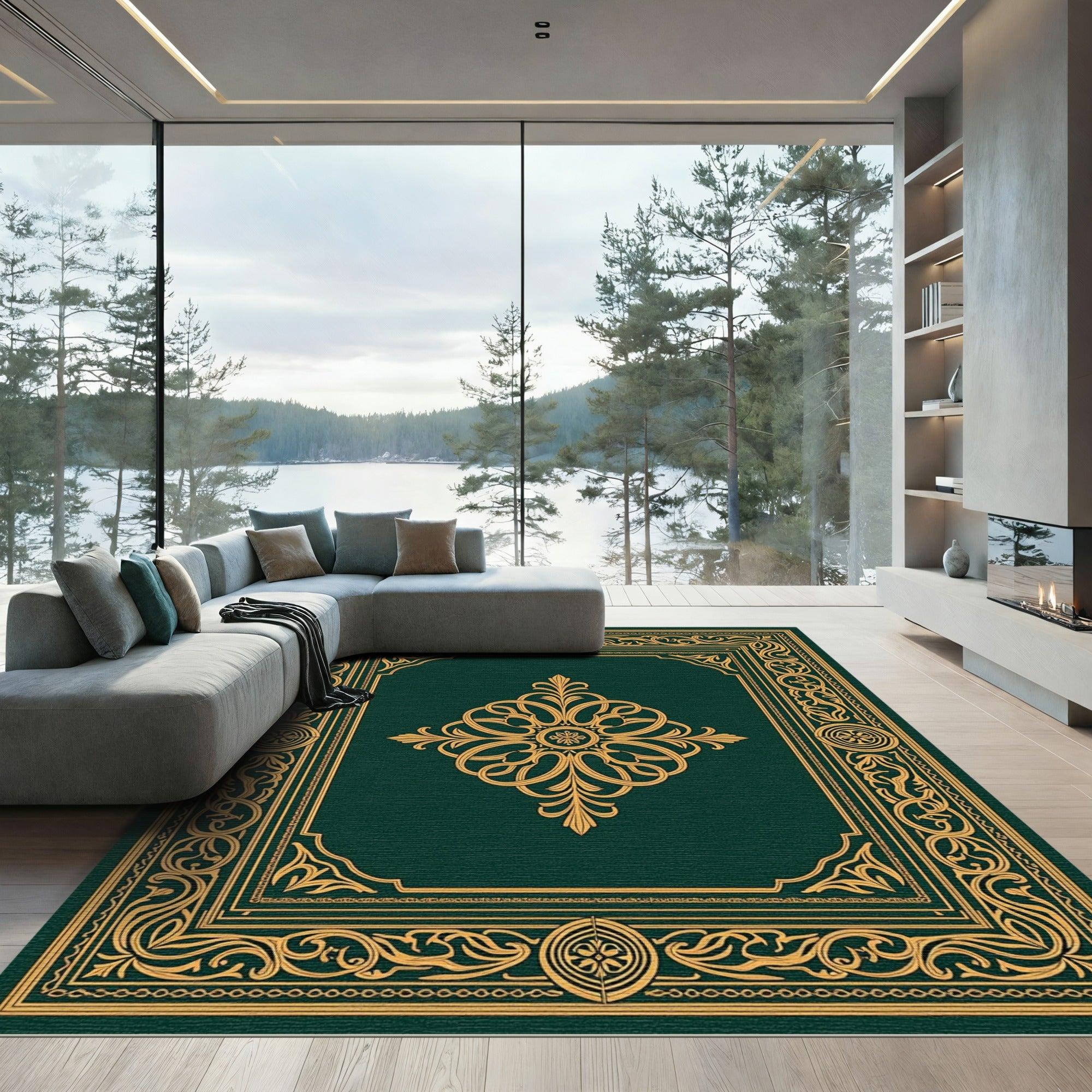 Dark Green Gold Frame Medallion Rug