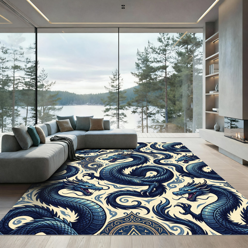 Enigmatic Blue Imperial Dragon Medallion Rug