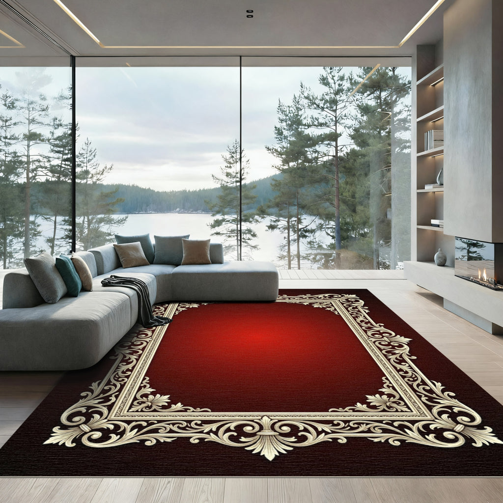 Ornate Ivory Scrollwork Red Sunburst Rug