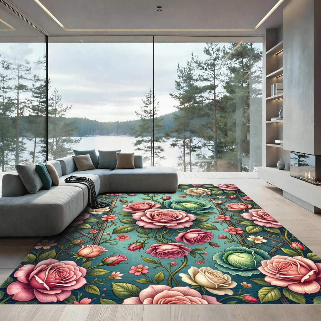 Vintage Romantic Rose and Lettuce Trellis Rug
