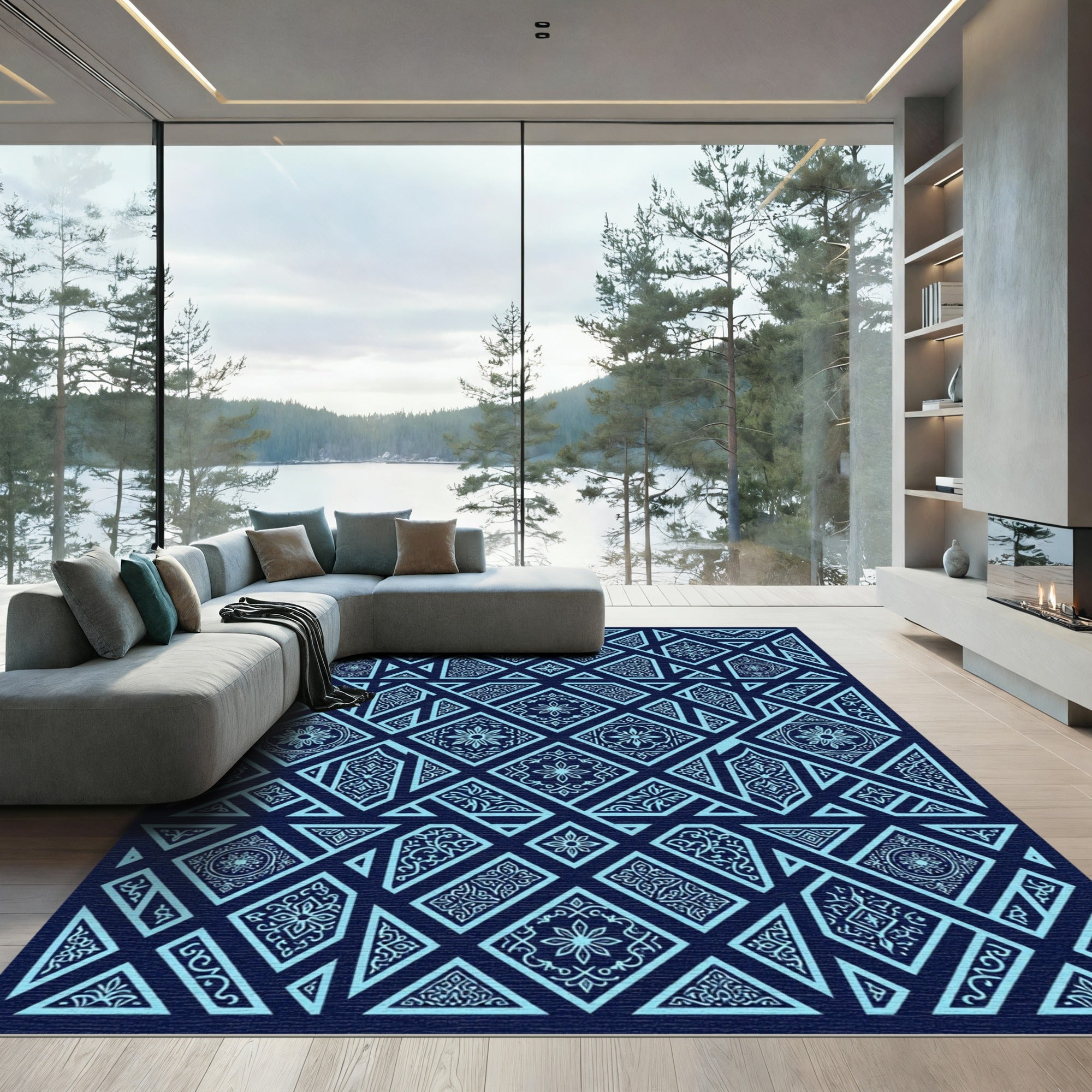 Blue Geometric Floral Islamic Art Rug