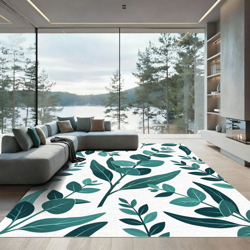Lush Teal Eucalyptus Leaf Botanical Rug