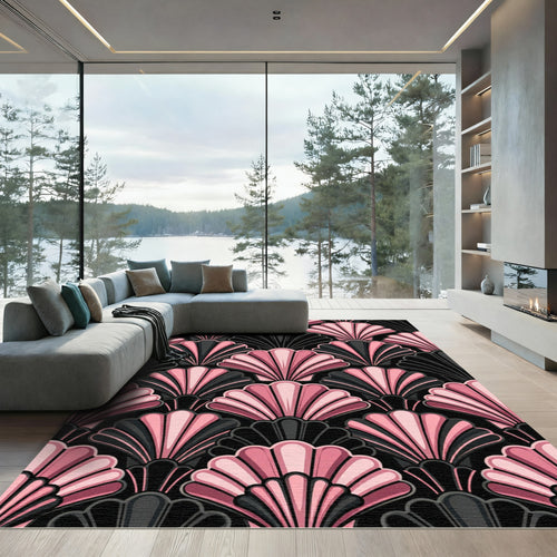 Art Deco Pink Black Shell Fan Rug