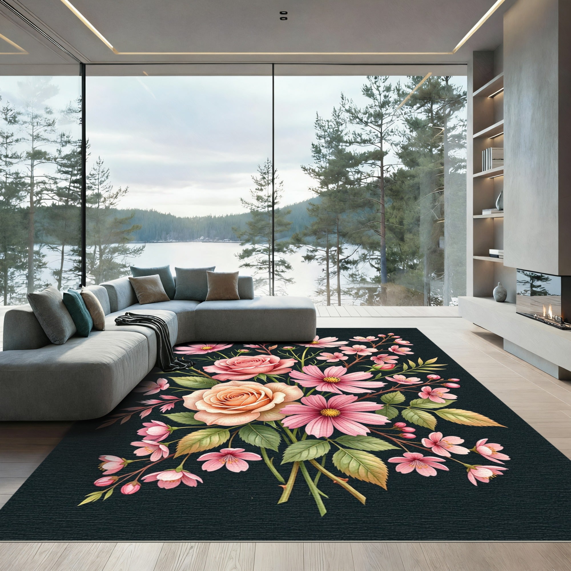 Elegant Pink Floral Botanical Bouquet Rug
