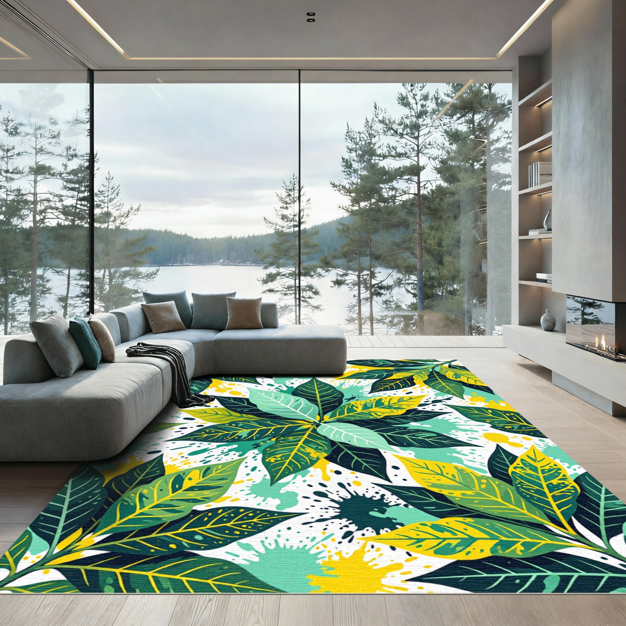 Lush Golden Tropical Foliage Art Rug