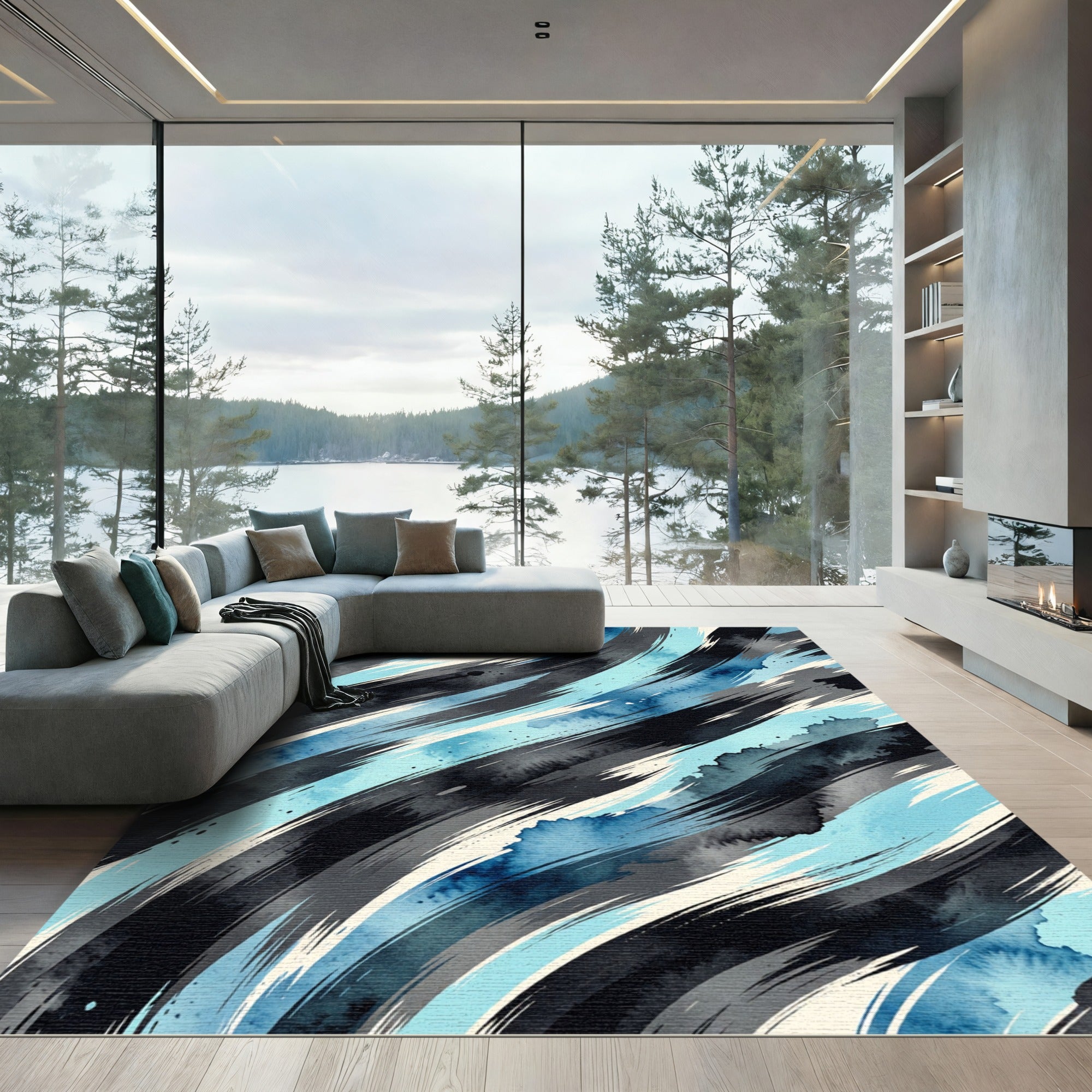 Dynamic Blue Brushstroke Swirl Rug