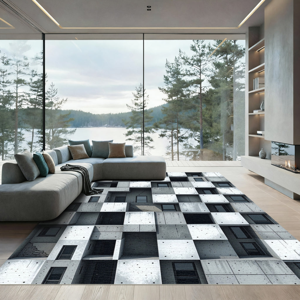 Minimalist Concrete Grid Cube Architecture Rug