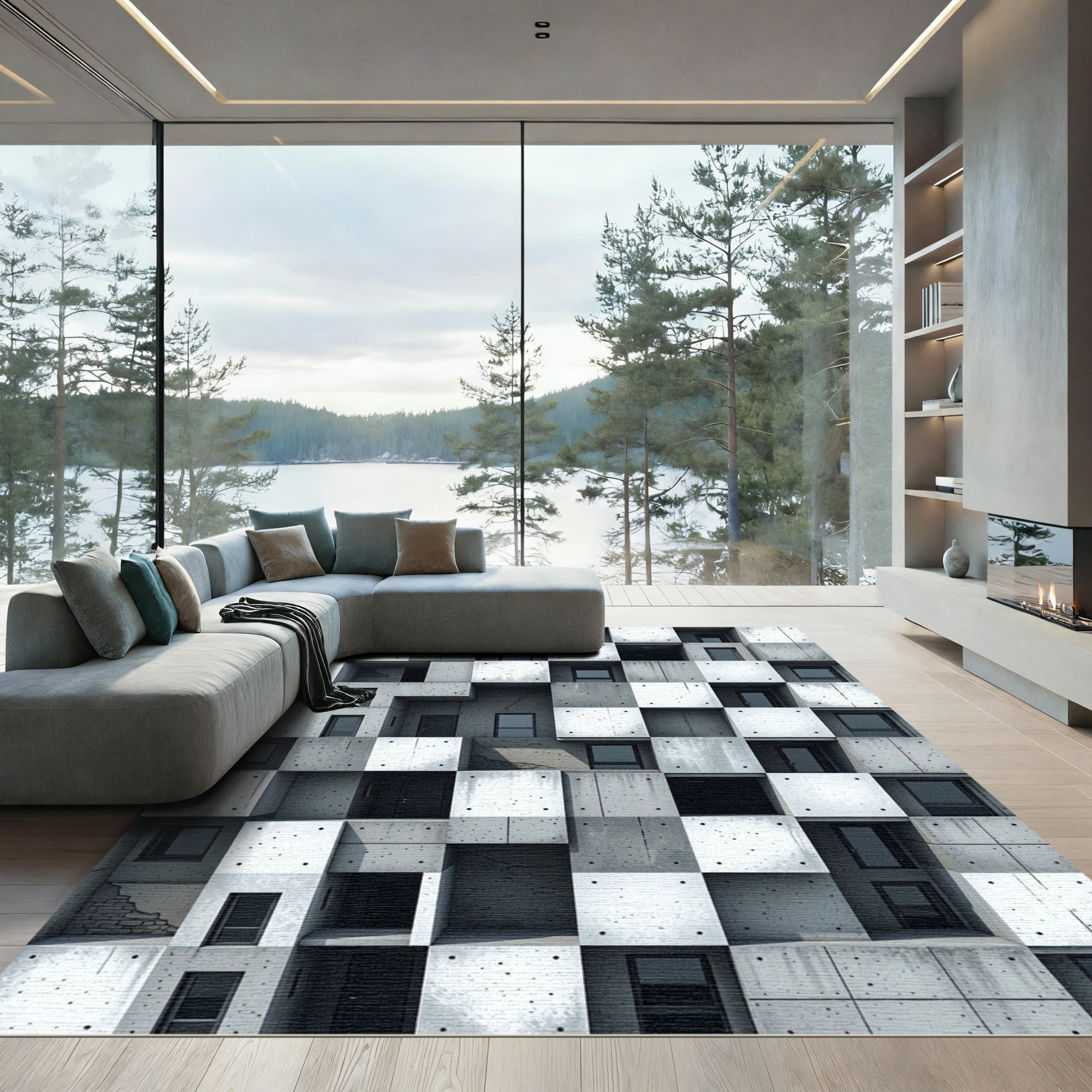Minimalist Concrete Grid Cube Architecture Rug