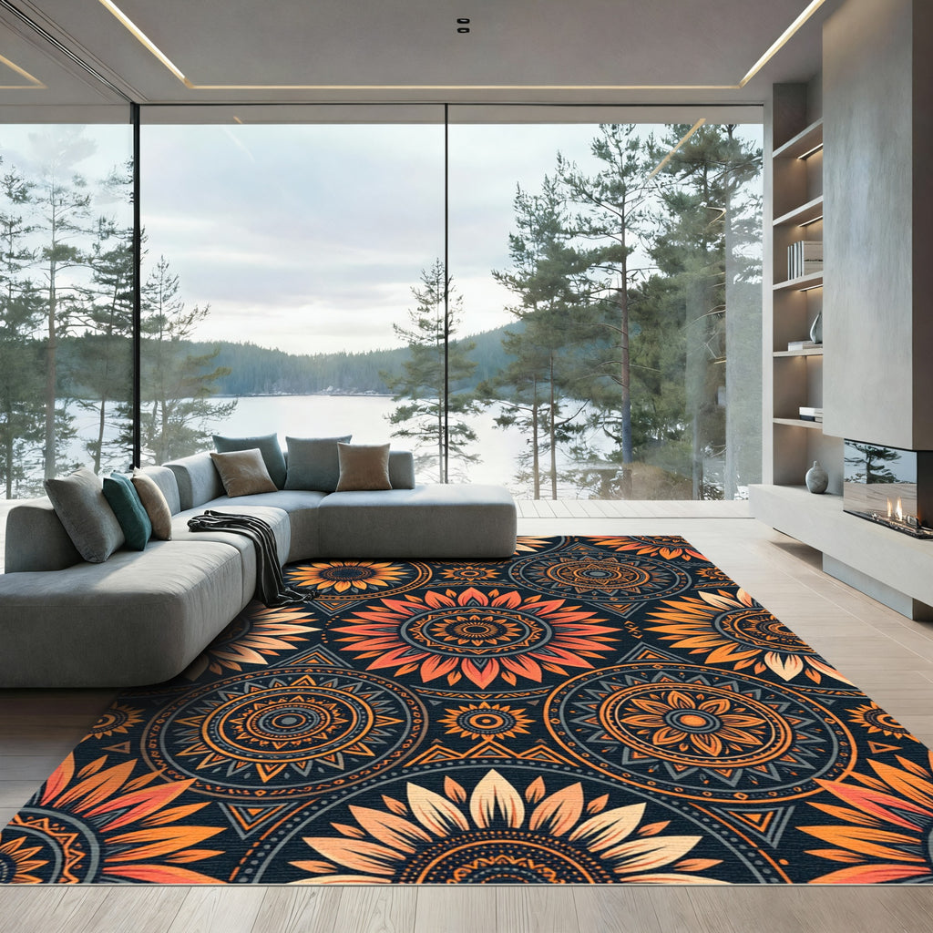 Golden Sunflower Mandala Geometric Navy Rug