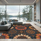 Golden Sunflower Mandala Geometric Navy Rug