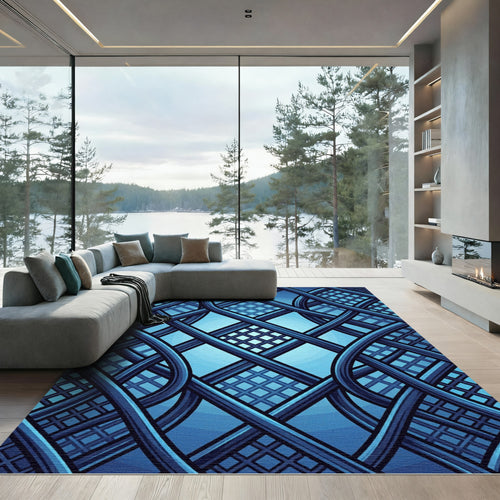 Azure Interwoven Grid Abstract Geometric Rug