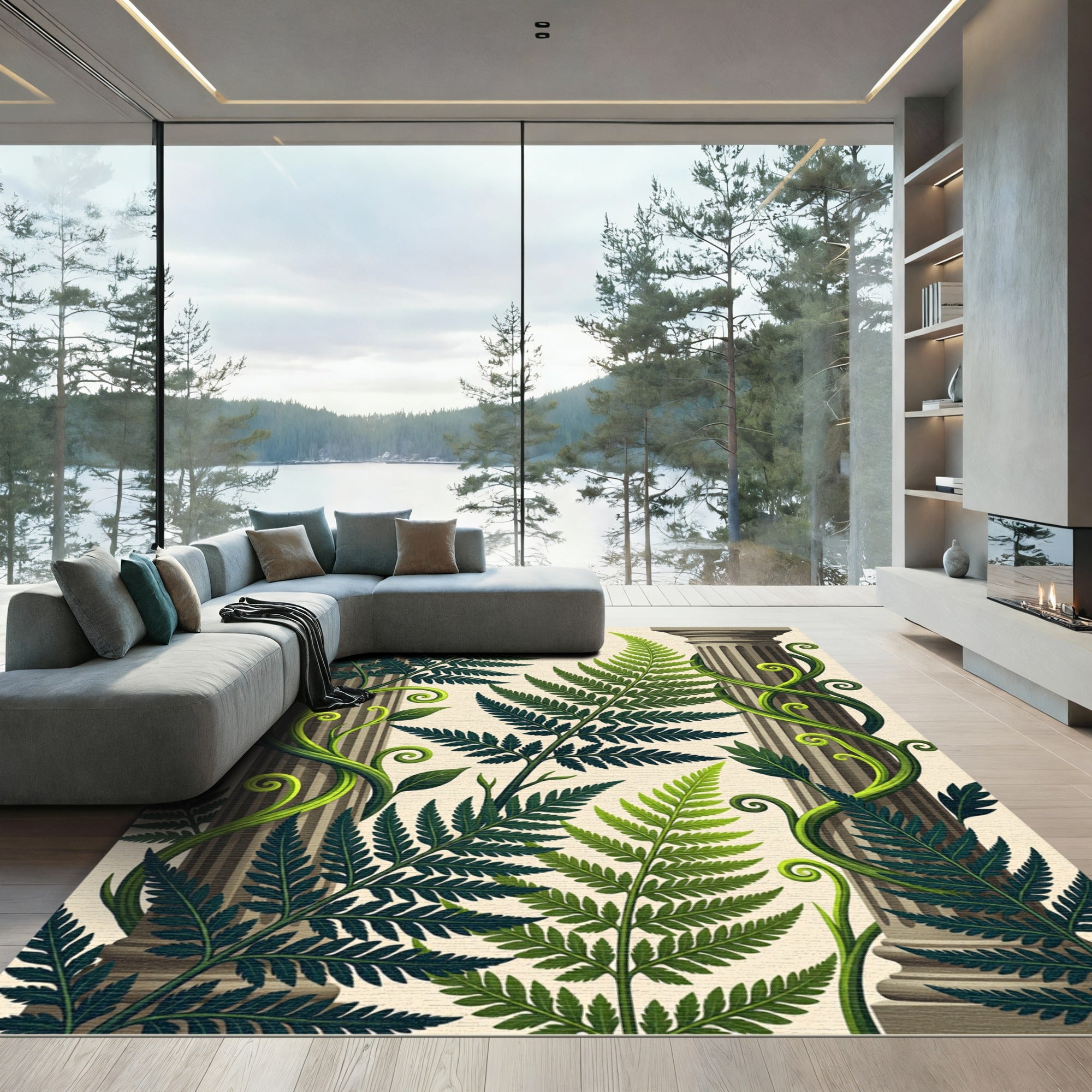 Lush Green Ferns and Classical Columns Rug