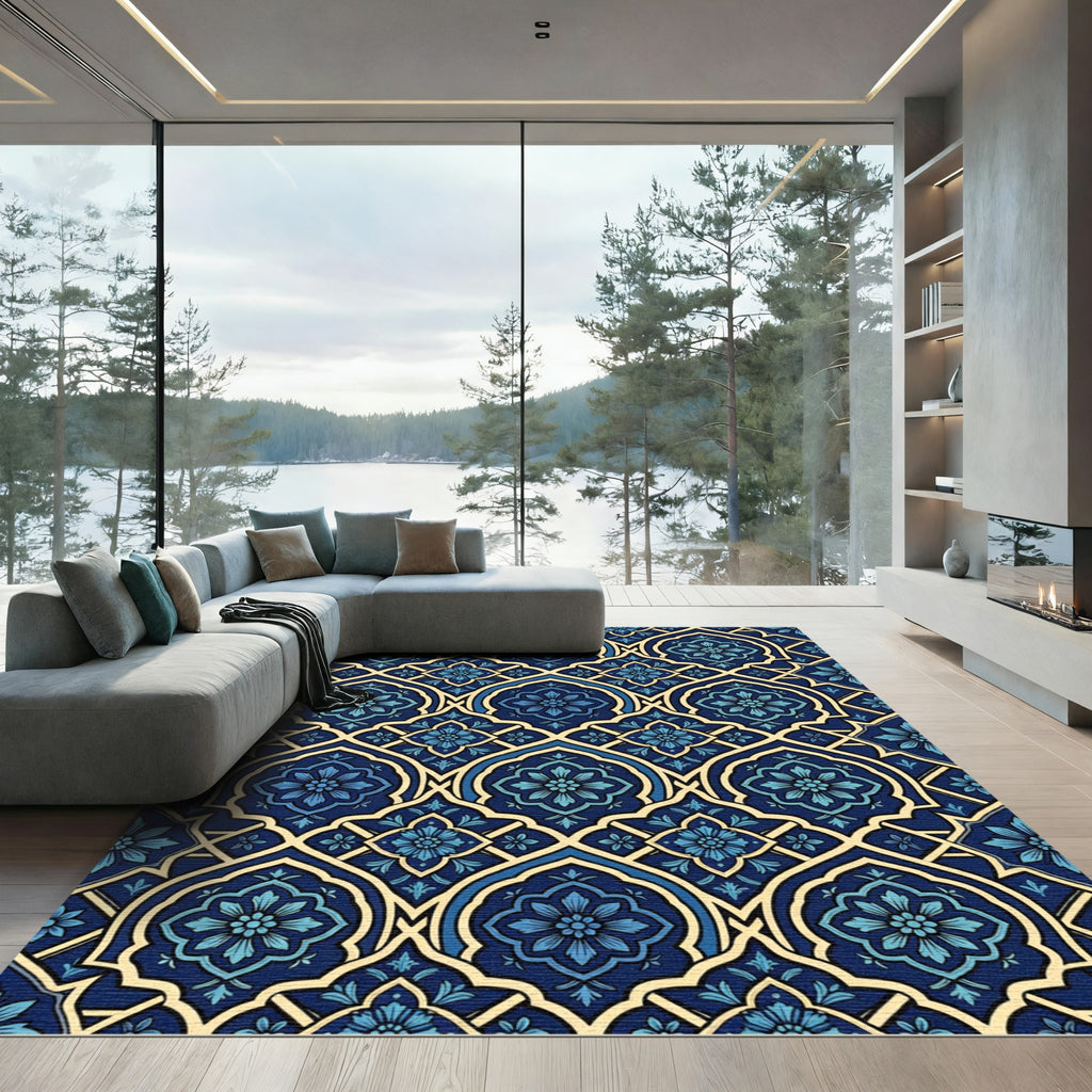 Royal Blue Floral Damask Tile Rug